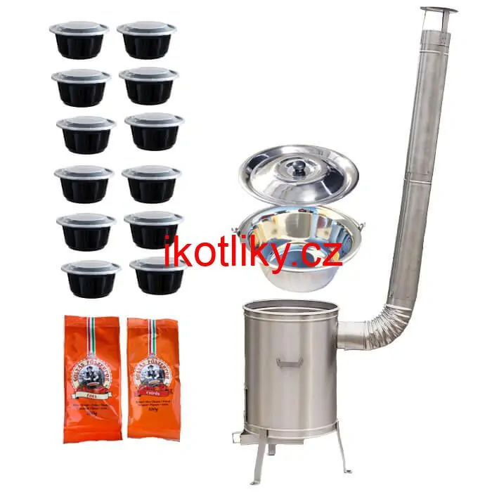 Nerezový kotlík 22 L (0,8 mm) INOX + vysoká žáruvzdorná kotlina 42 cm PLUS 600 + misky 12 ks + 2 x pepř na guláš 100 g