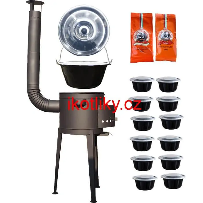 Smaltovaný kotlík 22 L (1,2 mm) + vysoká žáruvzdorná kotlina (1,5 mm) HODO 42 cm PLUS 600 + misky 12 ks + 2 x pepř na guláš 100 g