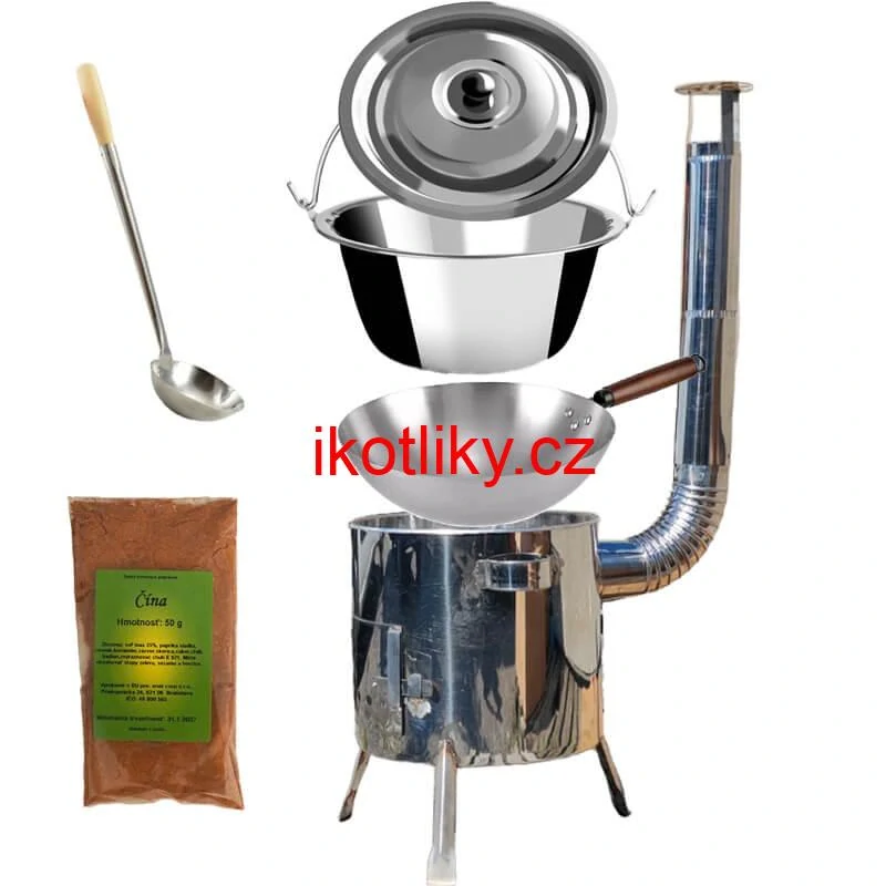 Nerezový kotlík 10 L (0,8 mm) + nerezová kotlina 31 INOX LUSTRO + Wok + koření 50 g