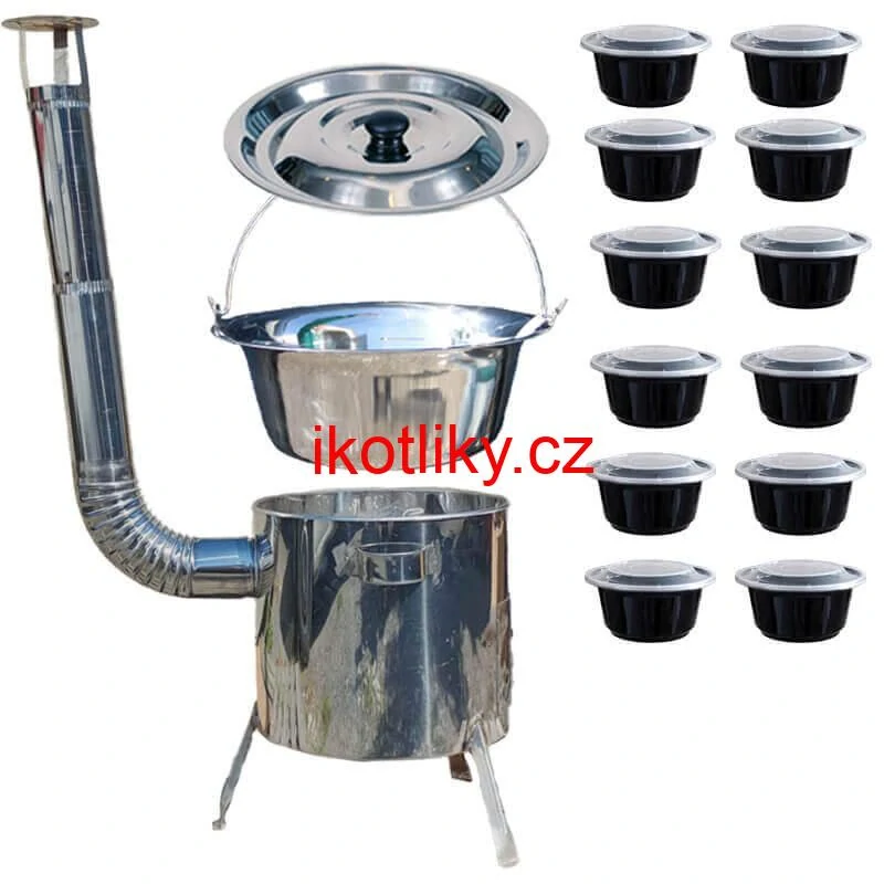 Nerezový kotlík 14 L (0,8 mm) INOX + Nerezová kotlina 36 INOX LUSTRO + misky 12 ks