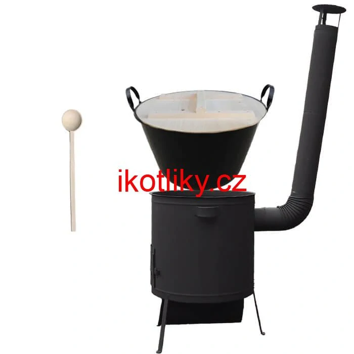 Zabijačkový smaltovaný kotel 100 L, žáruvzdorná kotlina 42 PLUS 600 4 MM, dřevěná poklice + vařečka