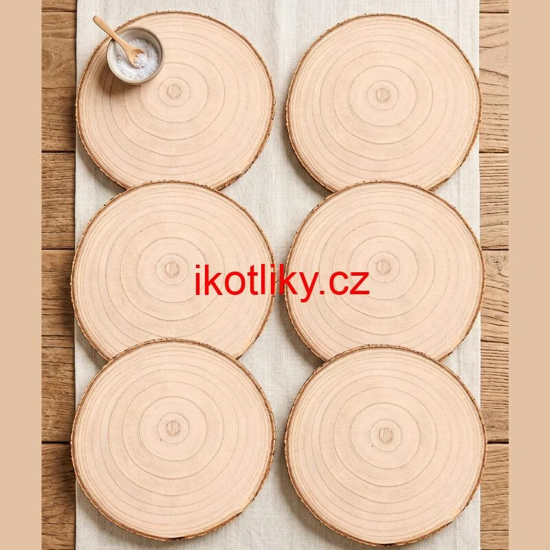 Sada 6 dřevěných podnosů z přírodního plátku dřeva s kůrou Ø 20–24 cm