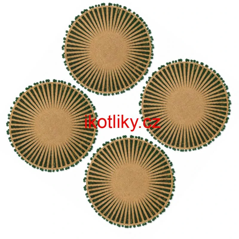 Kulaté jutové podložky pod talíř zelené s bambulkami 37 cm, 4 ks