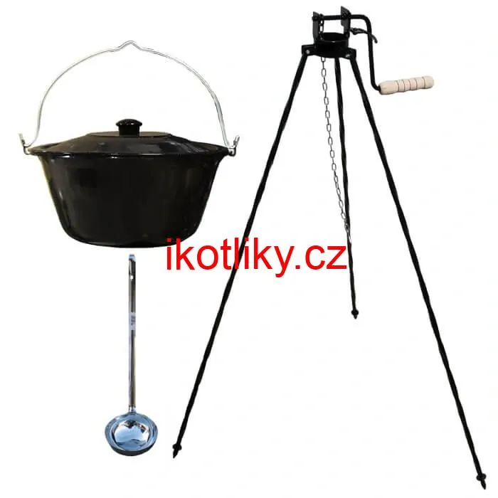 Smaltovaný kotlík 10 L + poklice + stojan s kladkou VAR
