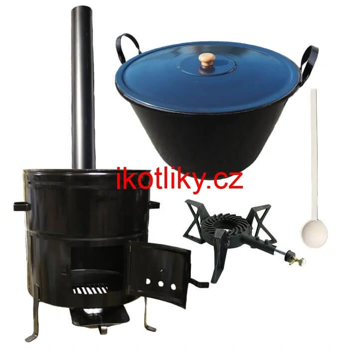 Zabijačkový smaltovaný kotel 50 L + kovová kotlina 50 cm + hořák 7 kW + kouřovod