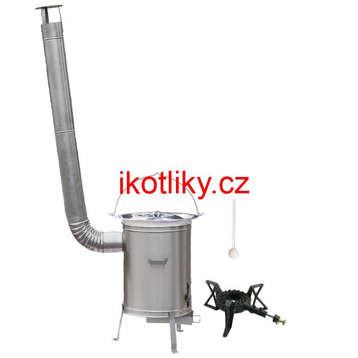 Nerezový kotlík 10 L (1,2 mm) + nerezová kotlina 36 cm + litinový hořák 7 kW, vařečka LUX