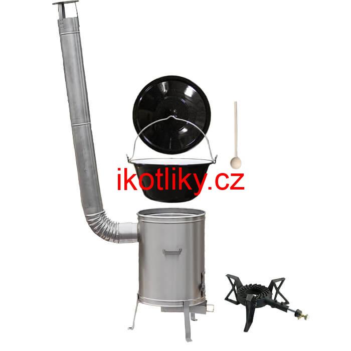 Smaltovaný kotlík 20 L (1,2 mm) + nerezová kotlina 42 cm + litinový hořák 7 kW, vařečka LUX