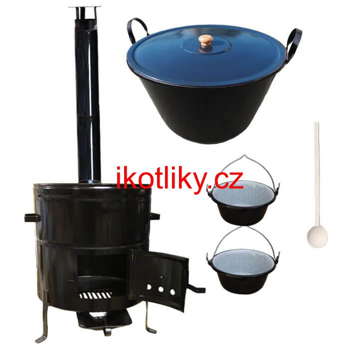 Zabijačkový smaltovaný kotel 80 L + kovová kotlina 58 cm + 2 servírovací kotlíky a kouřovod