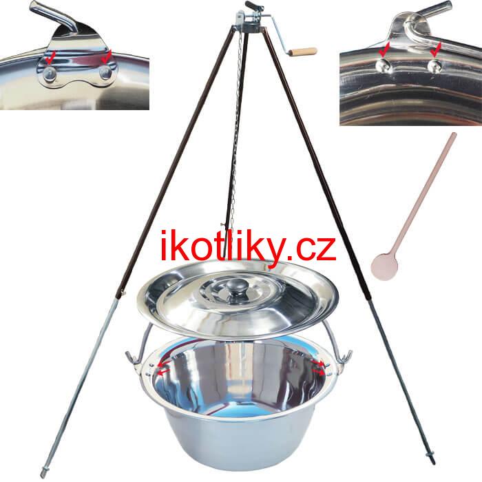 Nerezový kotlík 15 L (0,8 mm) s nýty + teleskopická trojnožka s pojistnou kladkou + poklice