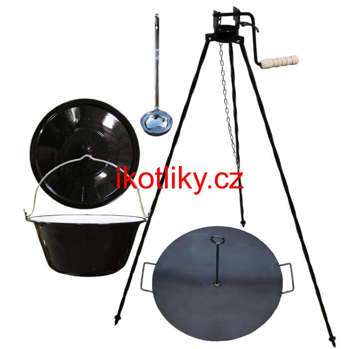Smaltovaný kotlík 20 L (1,2 mm) + pánev na grilování a stojan s kladkou VAR