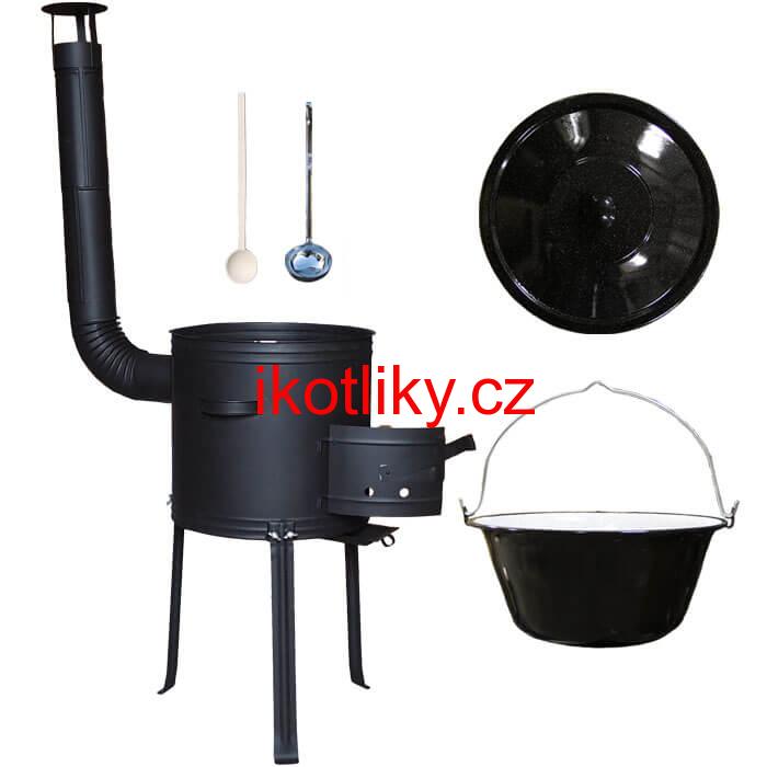 Smaltovaný kotlík 25 L + kovová kotlina s vysokými nožičkami 42 cm , žáruvzdorná barva Plus 700 + vařečka a naběračka