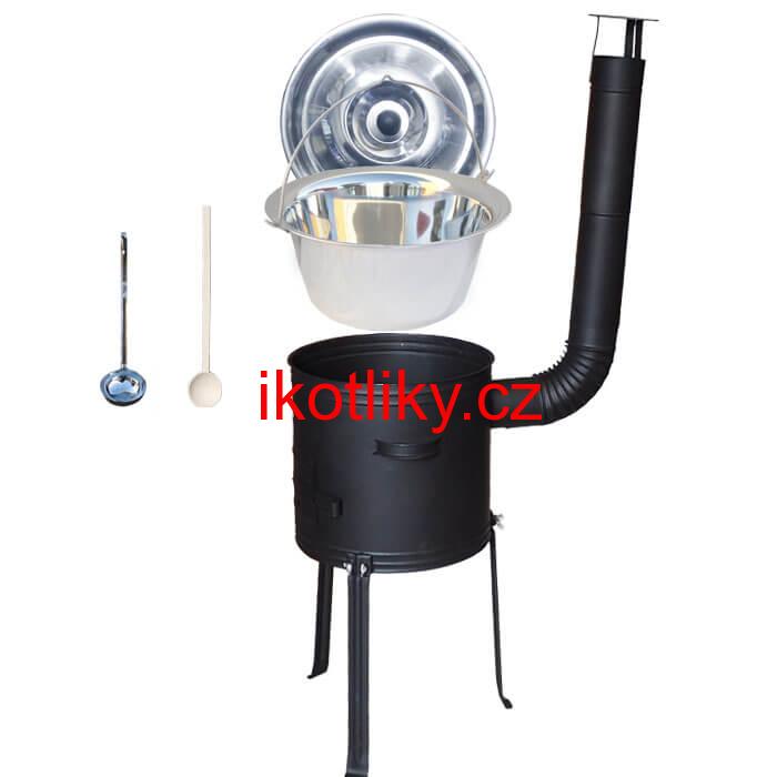 Nerezový kotlík 20 L (1,2 mm) + kovová kotlina s vysokými nožičkami 42 cm, žáruvzdorná barva Plus 700 + vařečka a naběračka