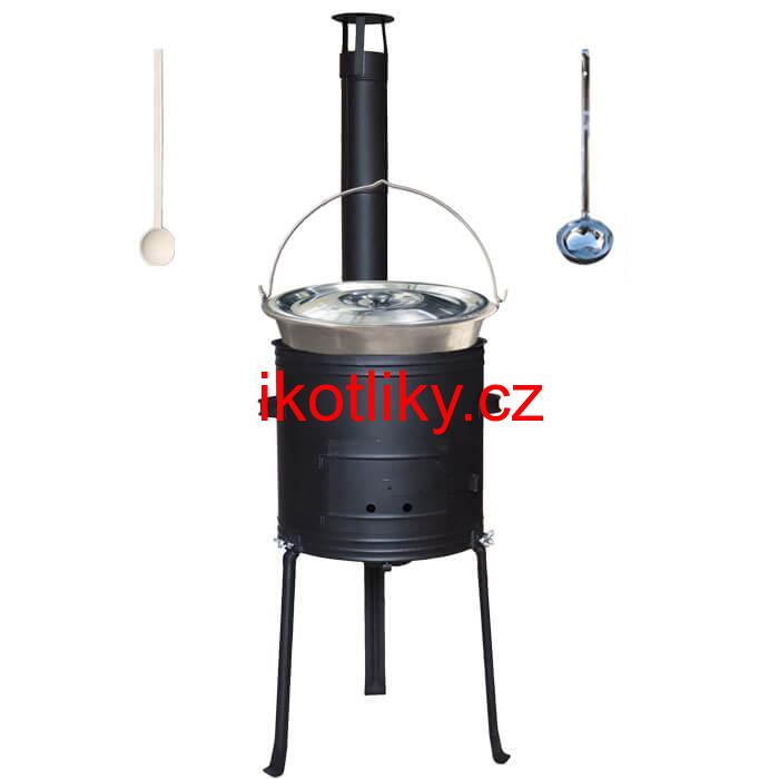 Nerezový kotlík 20 L (1,5 mm) + kovová kotlina s vysokými nožičkami 42 cm , žáruvzdorná barva Plus 700 + vařečka a naběračka