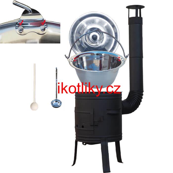 Nerezový kotlík 10 L (0,8 mm) s nýty + nízká žáruvzdorná kotlina 33 cm PLUS 700 + vařečka a naběračka