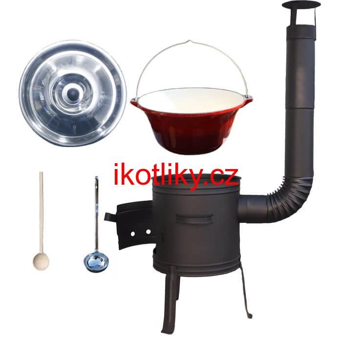 Litinový kotlík 10 L se smaltovanou úpravou + nízká žáruvzdorná kotlina 33 cm PLUS 700 + vařečka a naběračka