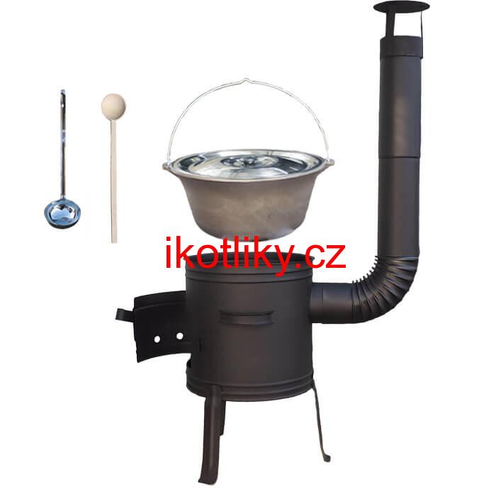 Litinový kotlík 10 L + nízká žáruvzdorná kotlina 33 cm PLUS 700 + vařečka a naběračka