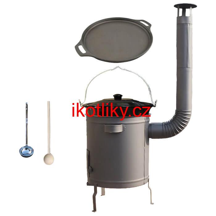 Smaltovaný kotlík 20 L (1,2 mm) + Litinová pánev 43 cm + silnostěnná (1,5 mm) a žáruvzdorná kotlina 42 PLUS 600
