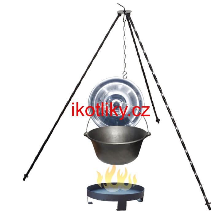 Litinový kotlík 10,8 L + nerezová poklice  + trojnožka 1,2 m + ohniště 36 cm