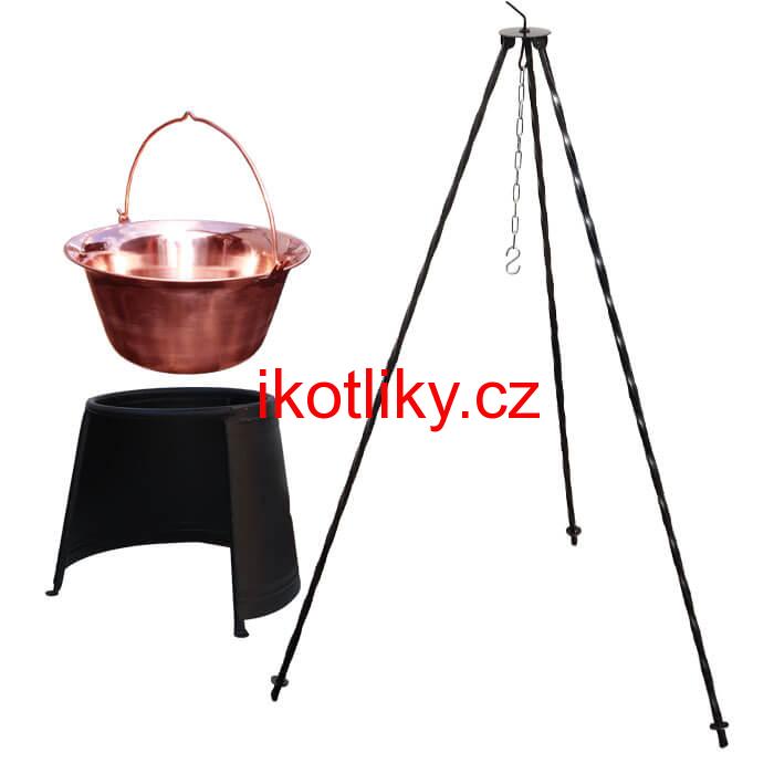 Měděný kotlík 14 L (1,2 mm) + chránič plamene 37 cm + trojnožka 1,2 m