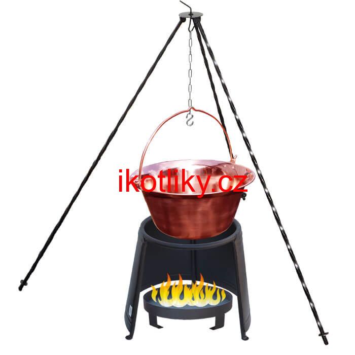 Měděný kotlík 20 L (1,2 mm) + chránič plamene 43 cm + ohniště 36 cm + trojnožka 1,2 m
