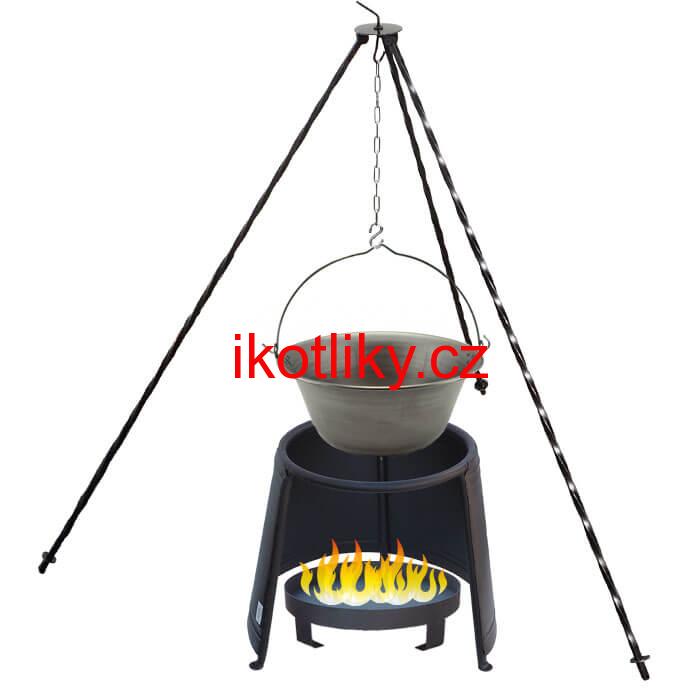 Železný kotlík 14 L (0,75 mm) + chránič plamene 37 cm + ohniště 36 cm + trojnožka 1,2 m