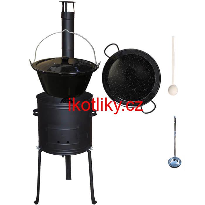 Smaltovaný kotlík 20 L + Paella pánev 46 cm + kovová kotlina s vysokými nožičkami 42 cm, žáruvzdorná barva Plus 700