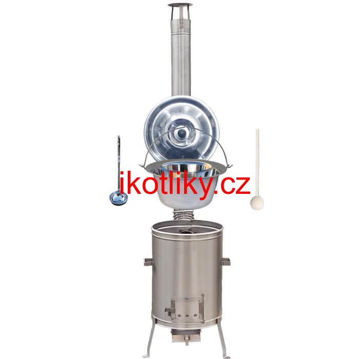 Nerezový kotlík 30 L (0,8 mm) zesílený s nýty + nerezová kotlina 45 cm LUX + vařečka a naběračka