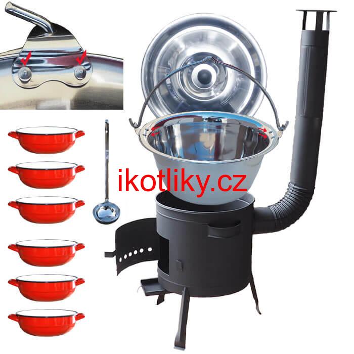 Nerezový kotlík 15 L (0,8 mm) s nýty INOX + selské misky 6 ks + nízká žáruvzdorná kotlina 36 cm PLUS 600