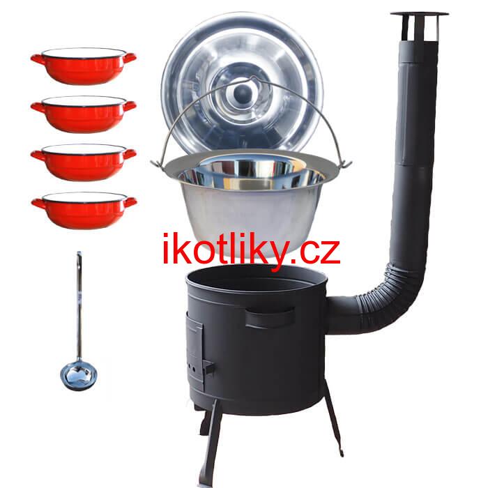 Nerezový kotlík 22 L (0,8 mm) INOX + selské misky 4 ks + nízká žáruvzdorná kotlina 42 cm PLUS 600