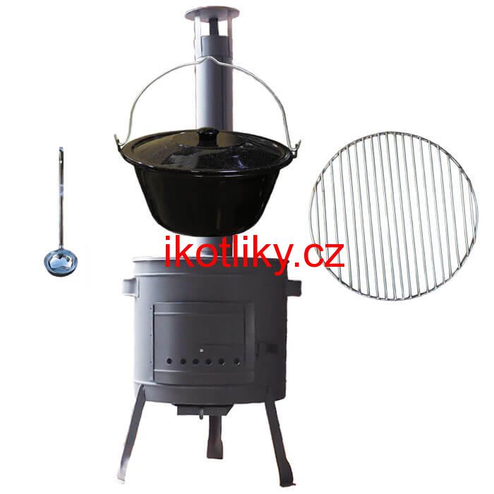 Smaltovaný kotlík 20 L + Nerezový rošt 45 cm + nízká žáruvzdorná kotlina 42 cm PLUS 600