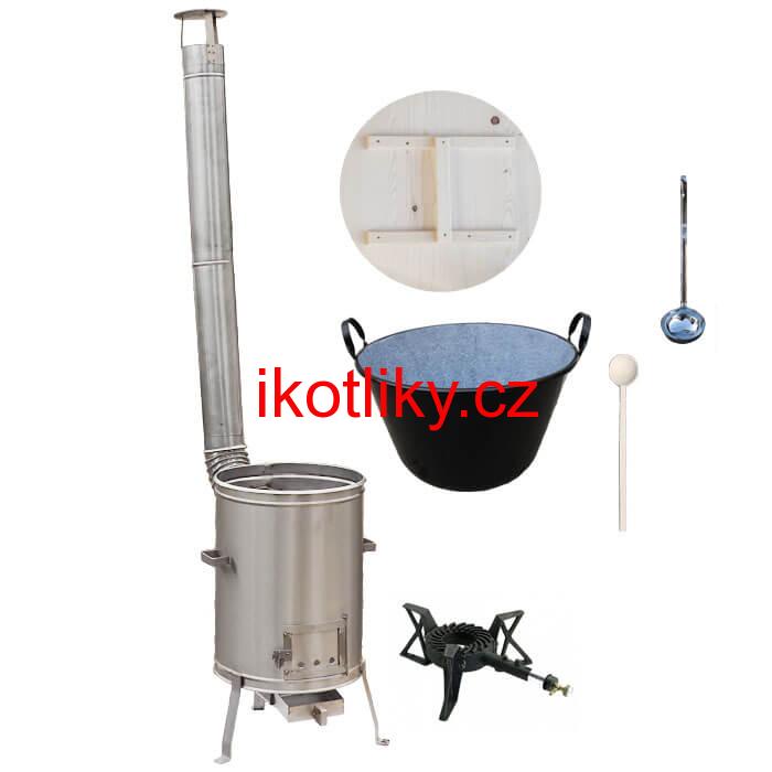 Zabijačkový smaltovaný kotel 100 L + nerezová kotlina 60 cm + hořák 7 kW + vařečka a naběračka