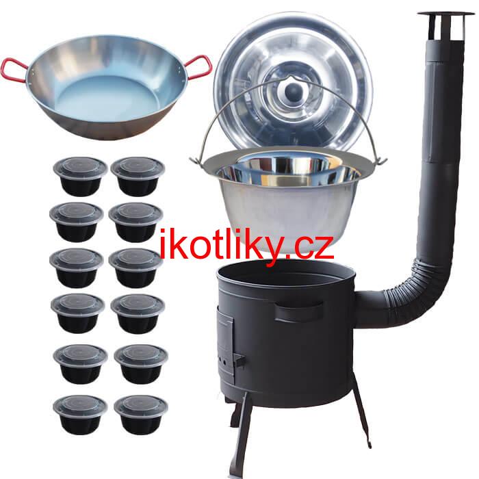 Nerezový kotlík 22 L (0,8 mm) INOX + Pánev PAELLA (WOK) 45 cm + misky 12 ks + nízká kotlina 42 PLUS 600