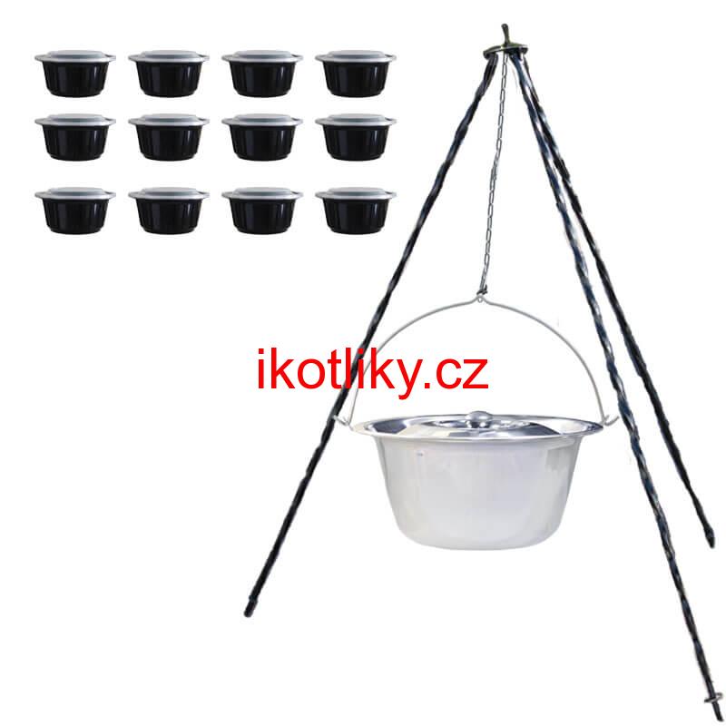Nerezový kotlík 8 L (0,8 mm) INOX + poklice + trojnožka 1,20 m + misky 12 ks