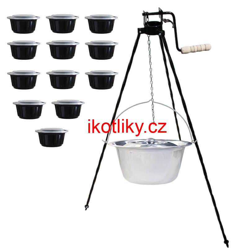 Nerezový kotlík 20 L (0,8 mm) INOX + stojan s kladkou VAR + misky 12 ks