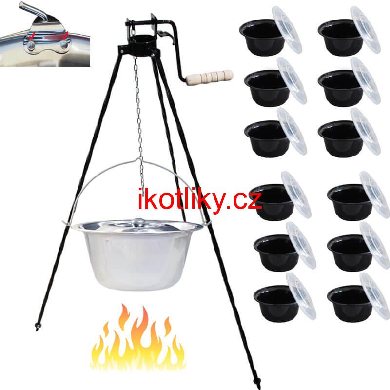 Nerezový kotlík 15 L (0,8 mm) s nýty + stojan s kladkou VAR + misky 12 ks