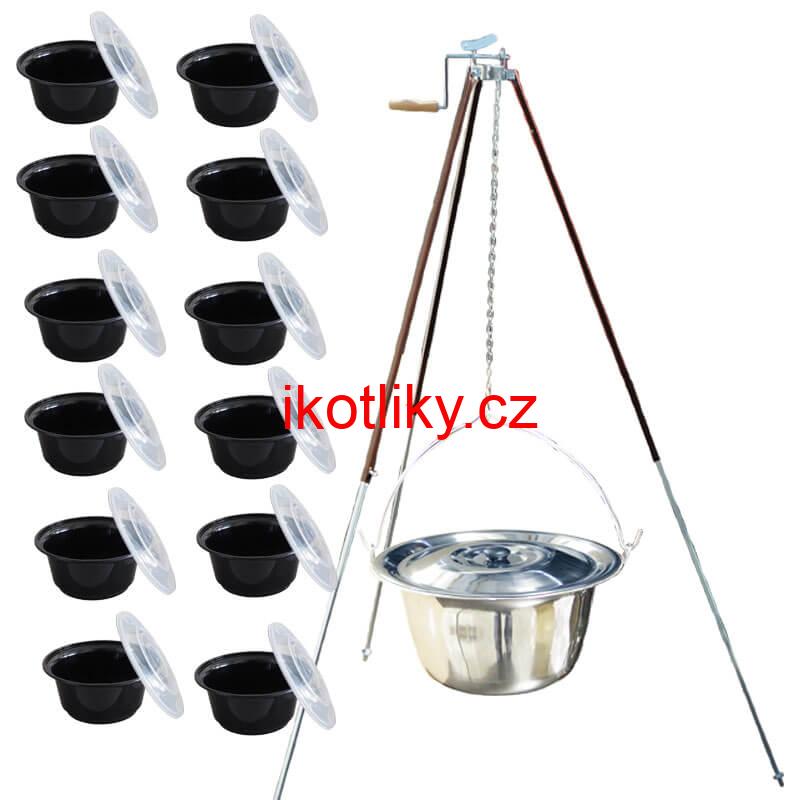 Nerezový kotlík 20 L (1,2 mm) + teleskopická trojnožka s pojistnou kladkou + misky 12 ks