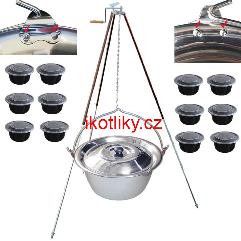Nerezový kotlík 30 L (0,8 mm) s nýty + teleskopická trojnožka s pojistnou kladkou + misky 12 ks