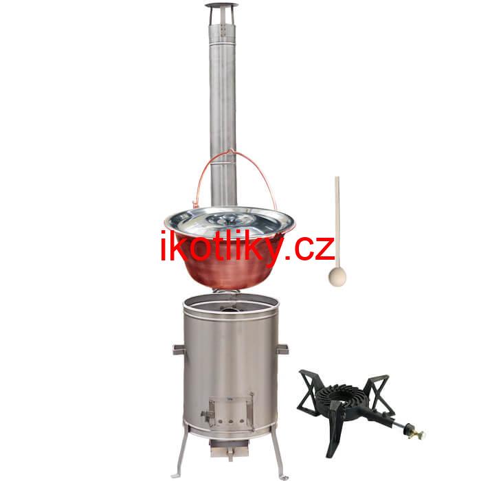 Měděný kotlík 30 L (1,2 mm) + nerezová kotlina 42 cm + litinový hořák 7 kW, vařečka LUX