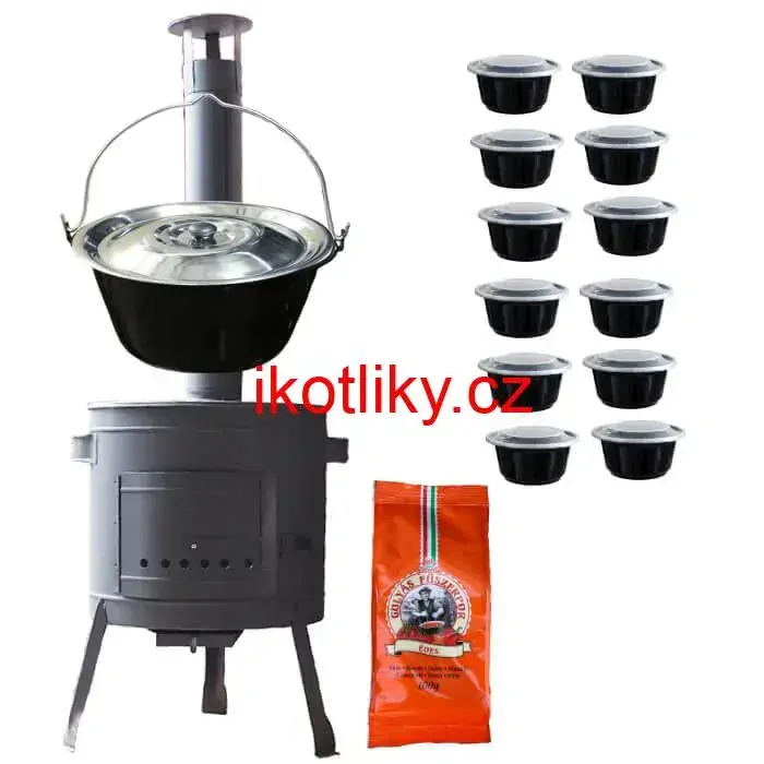 Smaltovaný kotlík 25 L (1,2 mm) + silnostěnná (1,5 mm) žáruvzdorná kotlina BALKY STRONG 42 PLUS 600 + misky 12 ks + paprikové koření na guláš 100 g