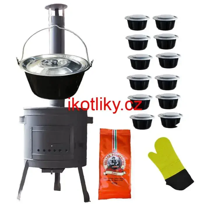 Smaltovaný kotlík 22 L (1,2 mm) + misky 12 ks + nízká žáruvzdorná kotlina (0,8 mm) 42 PLUS 600