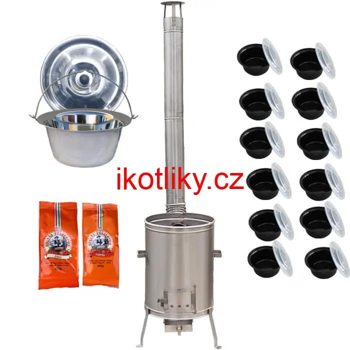 Nerezový kotlík 22 L (0,8 mm) INOX + vysoká žáruvzdorná kotlina 42 cm PLUS 600 + misky 12 ks + 2 x pepř na guláš 100 g