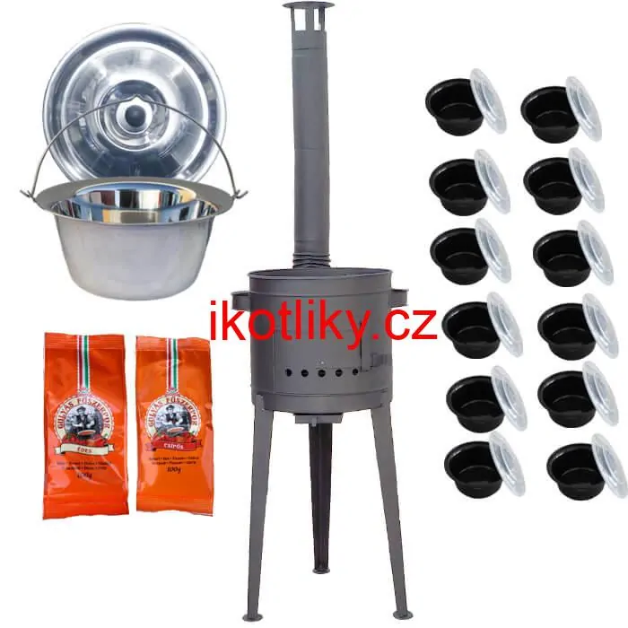 Nerezový kotlík 22 L (0,8 mm) INOX + vysoká žáruvzdorná kotlina (2,0 mm) HODO 42 cm PLUS 600 + misky 12 ks + 2 x pepř na guláš 100 g