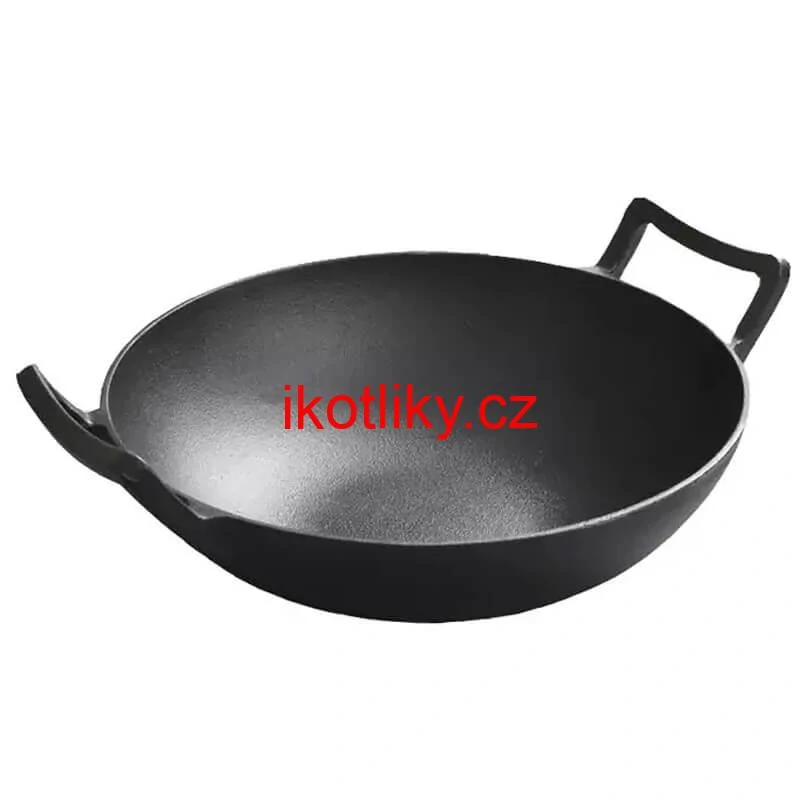Litinový čínský wok 36,5 cm s dřevěnou poklicí