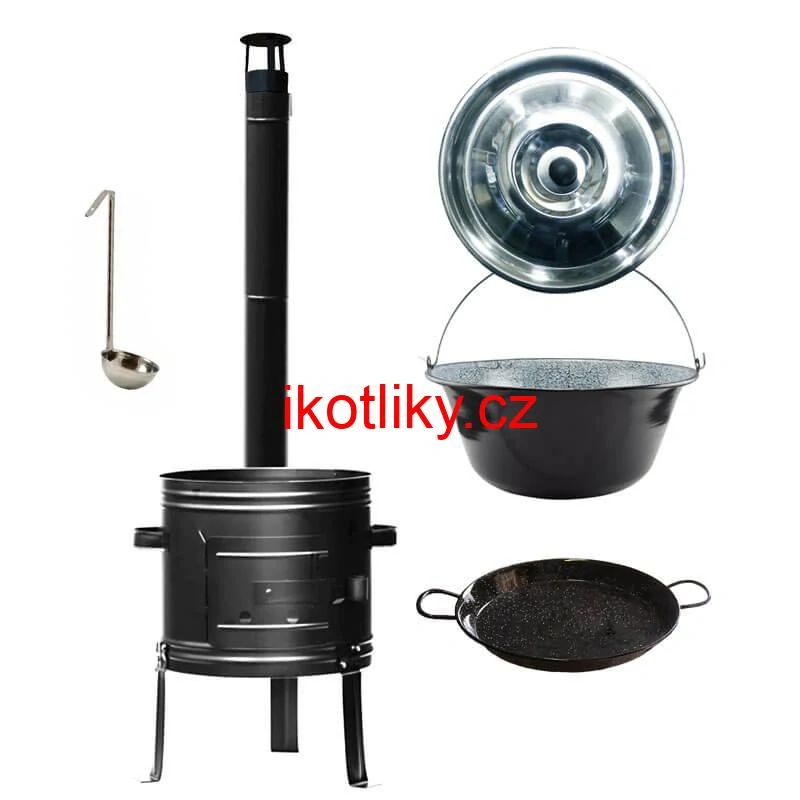 Smaltovaný kotlík 25 L + kovová kotlina + smaltovaná pánev 46 cm Paella