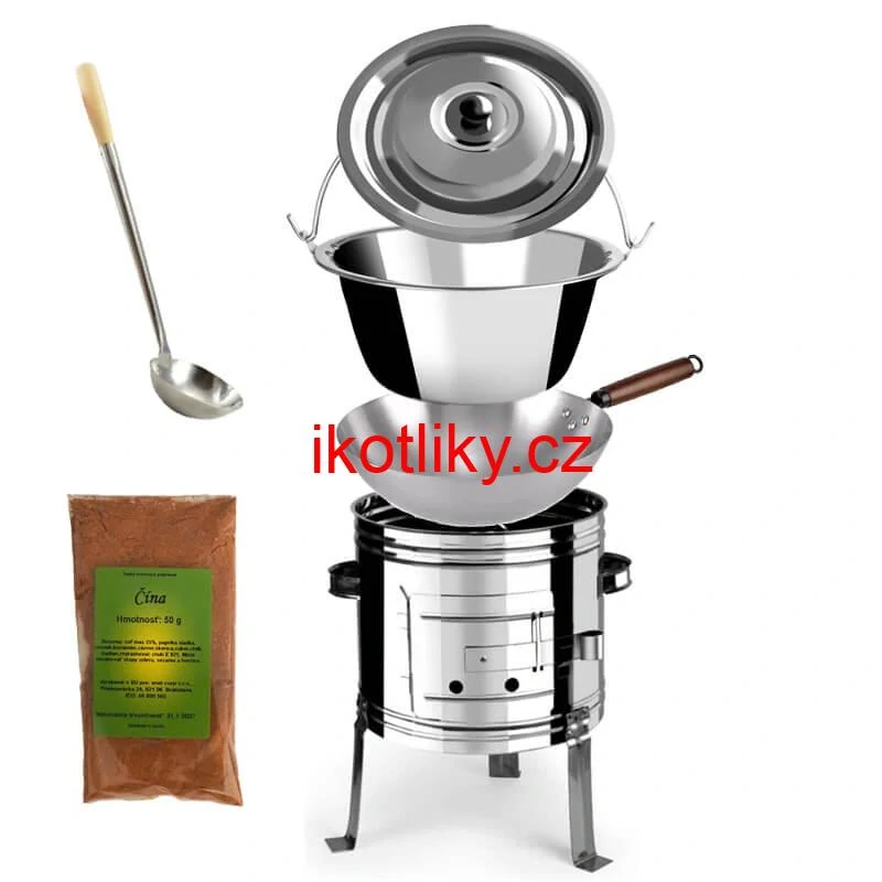 Nerezový kotlík 10 L (0,8 mm) + nerezová kotlina 31 INOX + Wok + koření 50 g