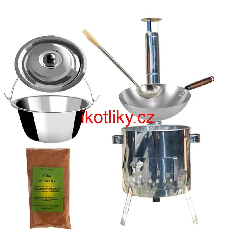 Nerezový kotlík 10 L (0,8 mm) + nerezová kotlina 31 INOX LUSTRO + Wok + koření 50 g