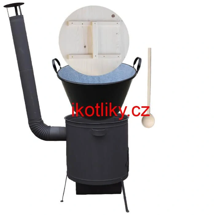 Zabijačkový smaltovaný kotel 100 L, žáruvzdorná kotlina 42 PLUS 600 4 MM, dřevěná poklice + vařečka