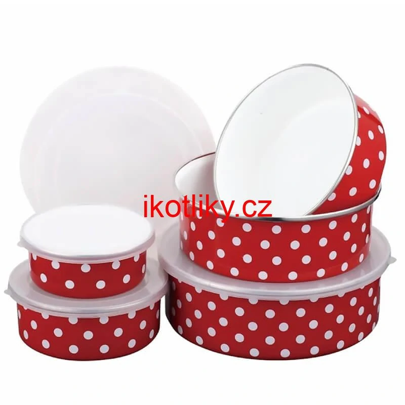 Smaltovaná sada 5 úložných dóz s tečkami