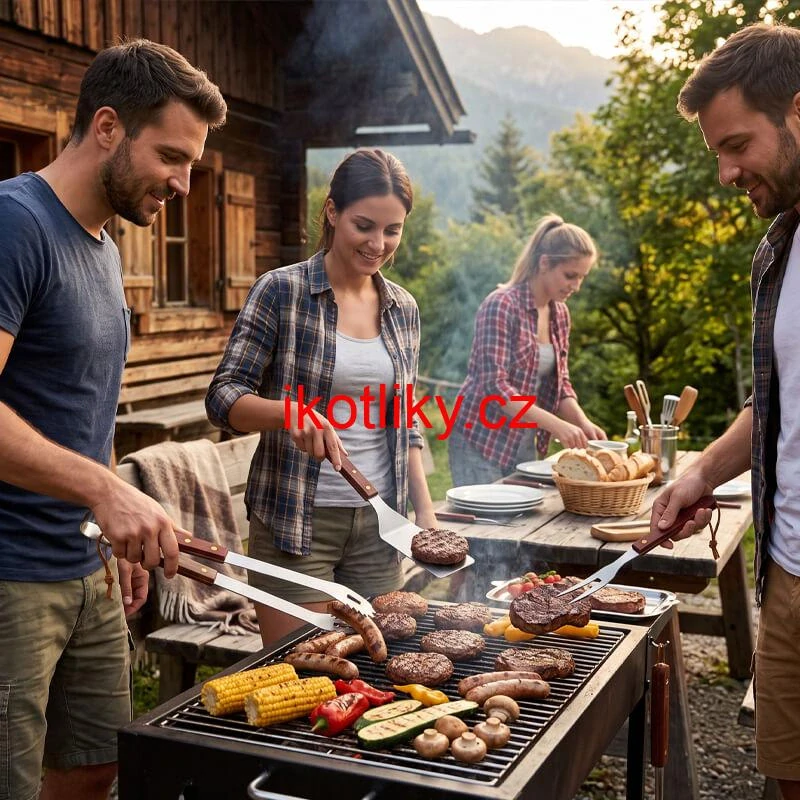 Grilovací nářadí BBQ – sada 3 ks, nerez a dřevo, 33 cm