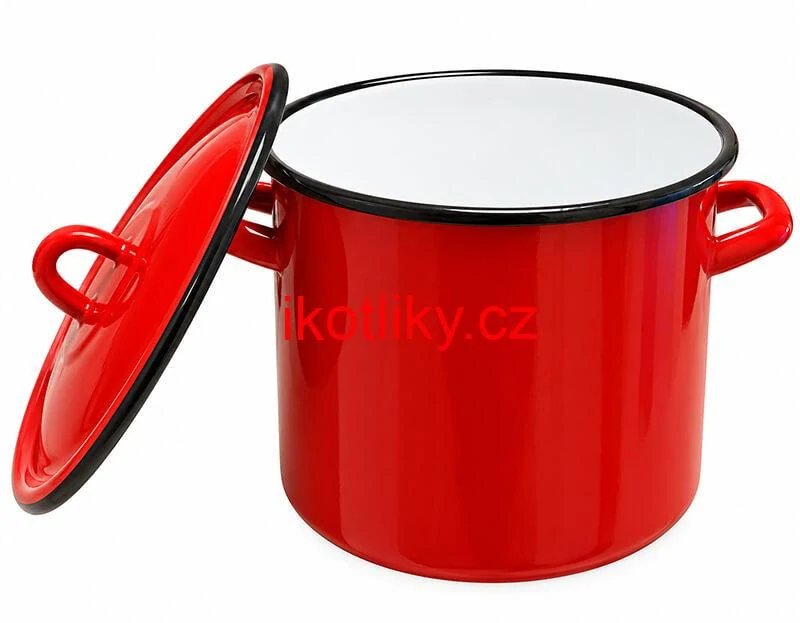 Otevřený červený hrnec FALCO s bílým smaltovaným vnitřkem